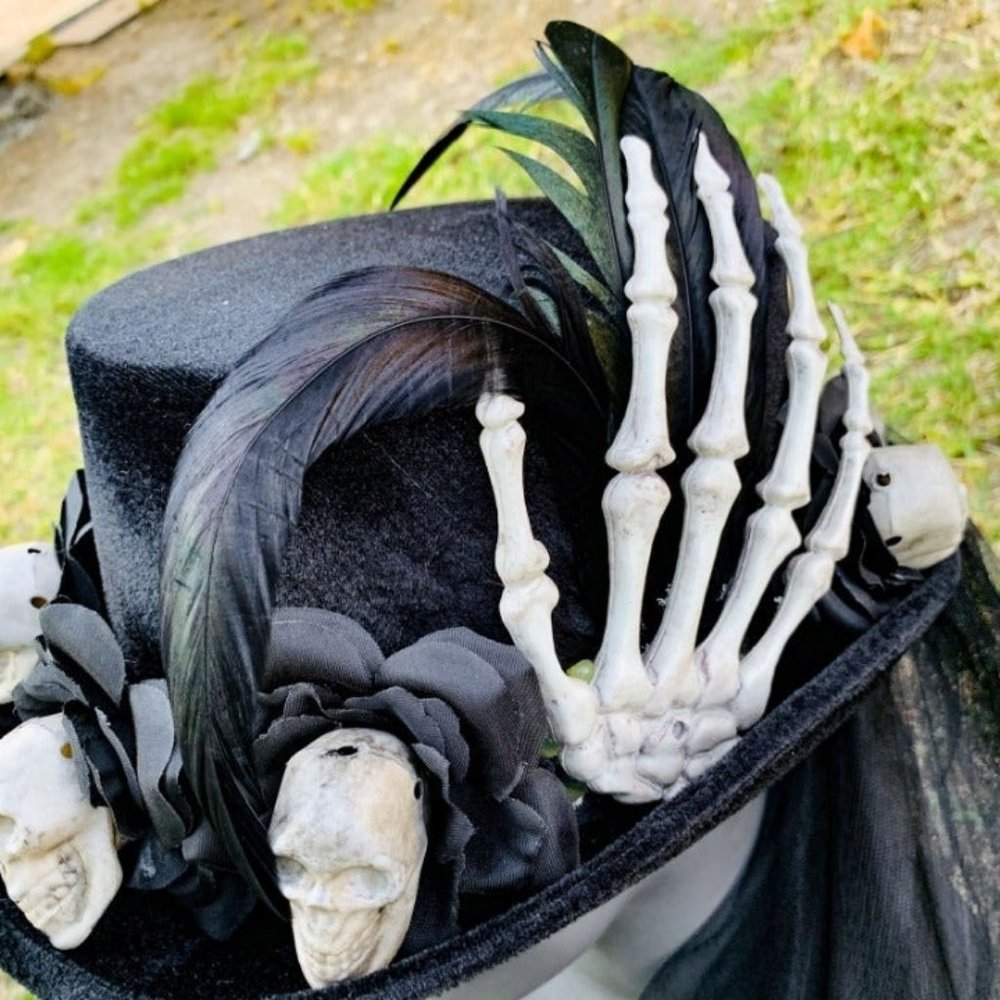 Halloween Steampunk Skeleton Hand Black Voodoo Feather Party Hat with Skulls